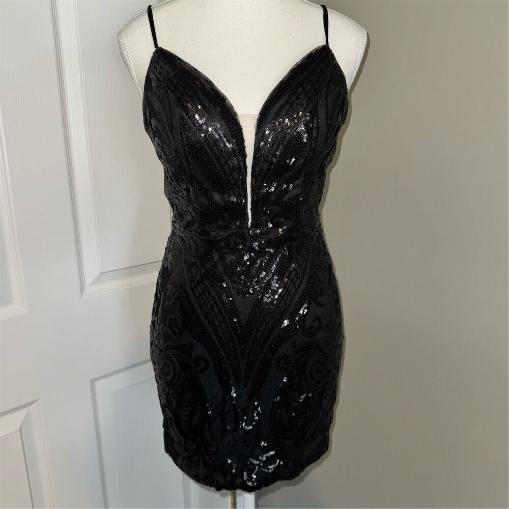Black Sequin Homecoming Party Date Strapless Mini Dress Crisscross Back Size 2
